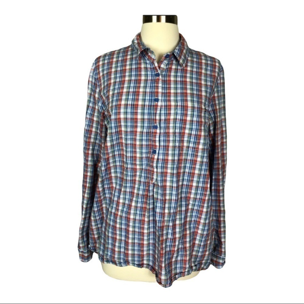 Tommy Hilfiger Womens orange White Blue‎ Plaid Roll Tab Button Down Shirt L